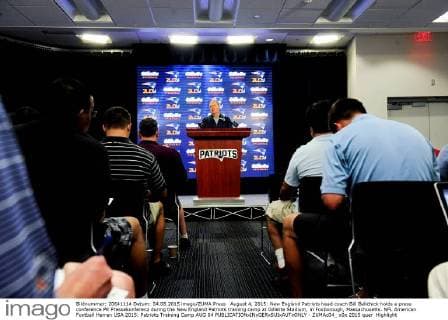 August 4, 2015: New England Patriots head coach Bill Belichick holds a press conference PK Pressekonferenz during the New England Patriots training camp at Gillette Stadium, in Foxborough, Massachusetts. NFL American Football Herren USA 2015: Patriots Training Camp AUG 04 - ZUMAc04_
