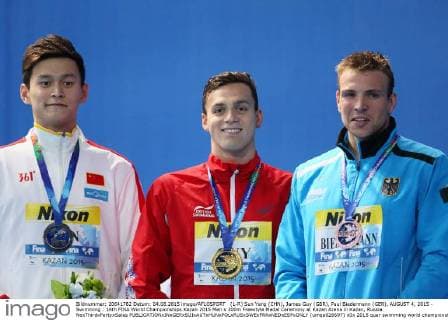 (L-R) Sun Yang (CHN), James Guy (GBR), Paul Biedermann (GER), AUGUST 4, 2015 - Swimming : 16th FINA World Championships Kazan 2015 Men s 200m Freestyle Medal Ceremony at Kazan Arena in Kazan, Russia. NoxThirdxPartyxSales  (umqa026697)