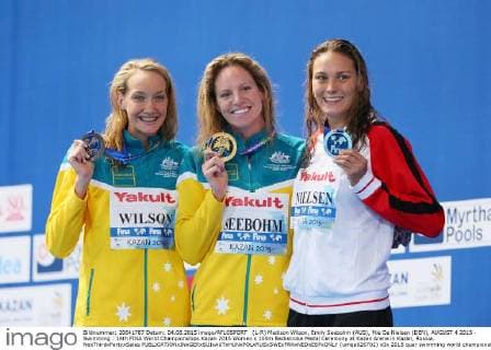 (L-R) Madison Wilson, Emily Seebohm (AUS), Mie Oe Nielsen (DEN), AUGUST 4 2015 - Swimming : 16th FINA World Championships Kazan 2015 Women s 100m Backstroke Medal Ceremony at Kazan Arena in Kazan, Russia. NoxThirdxPartyxSales  (umqa026702)