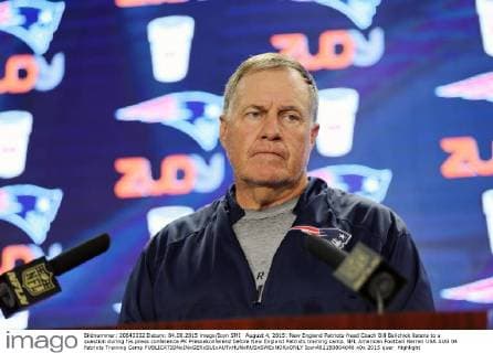 August 4, 2015: New England Patriots Head Coach Bill Belichick listens to a question during his press conference PK Pressekonferenz before New England Patriots training camp. NFL American Football Herren USA AUG 04 Patriots Training Camp Icon482150804046 EDITORIAL USE ONLY