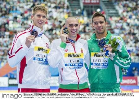 Podium 200 Butterfly Men Final Swimming - Kazan Arena Day13 05 08 2015 XVI FINA World Championships Aquatics Swimming Kazan Tatarstan RUS July 24 - Aug. 9 2015 - Schwimmen - WM 2015 - andreaxmasini