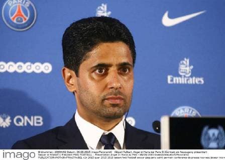 Aktuell Fußball, Angel di Maria bei Paris St Germain als Neuzugang präsentiert Nasser Al Khelaifi ( President PSG) FOOTBALL : Presentation Angel Di Maria au PSG - 06 08 2015 GwendolineLeGoff Panoramic 