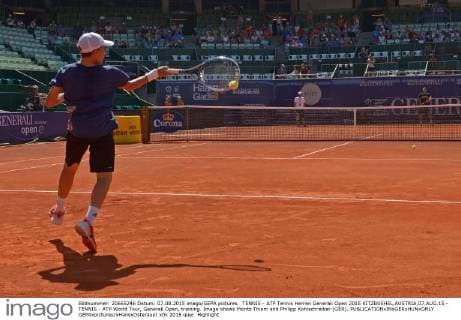 TENNIS - ATP Tennis Herren Generali Open 2015 KITZBUEHEL,AUSTRIA,07.AUG.15 - TENNIS - ATP World Tour, Generali Open, training. Image shows Moritz Thiem and Philipp Kohlschreiber (GER). GEPAxpictures xHansxOsterauer