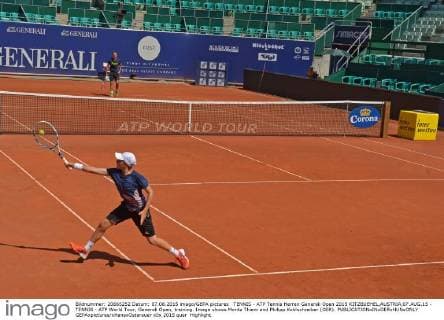 TENNIS - ATP Tennis Herren Generali Open 2015 KITZBUEHEL,AUSTRIA,07.AUG.15 - TENNIS - ATP World Tour, Generali Open, training. Image shows Moritz Thiem and Philipp Kohlschreiber (GER). GEPAxpictures xHansxOsterauer