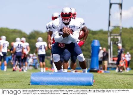 August 7, 2015; Foxborough, MA, USA: New England Patriots running back LeGarrette Blount (29) participate in drills during NFL American Football Herren USA training camp at Gillette Stadium. NFL 2015: Patriots Training Camp AUG 07 - ZUMAc04_