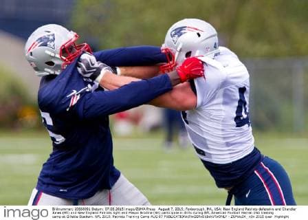 August 7, 2015; Foxborough, MA, USA: New England Patriots defensive end Chandler Jones (95) and New England Patriots tight end Mason Brodine (44) participate in drills during NFL American Football Herren USA training camp at Gillette Stadium. NFL 2015: Patriots Training Camp AUG 07 - ZUMAc04_