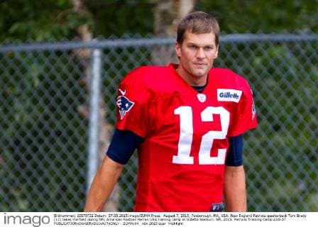 August 7, 2015; Foxborough, MA, USA: New England Patriots quarterback Tom Brady (12) takes the field during NFL American Football Herren USA training camp at Gillette Stadium. NFL 2015: Patriots Training Camp AUG 07 - ZUMAc04_