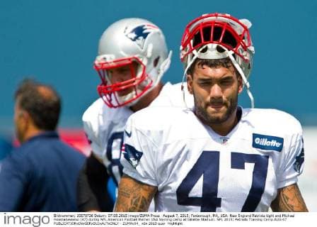 August 7, 2015; Foxborough, MA, USA: New England Patriots tight end Michael Hoomanawanui (47) during NFL American Football Herren USA training camp at Gillette Stadium. NFL 2015: Patriots Training Camp AUG 07 - ZUMAc04_