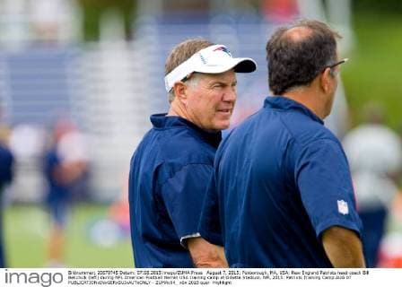 August 7, 2015; Foxborough, MA, USA: New England Patriots head coach Bill Belichick (left) during NFL American Football Herren USA training camp at Gillette Stadium. NFL 2015: Patriots Training Camp AUG 07 - ZUMAc04_