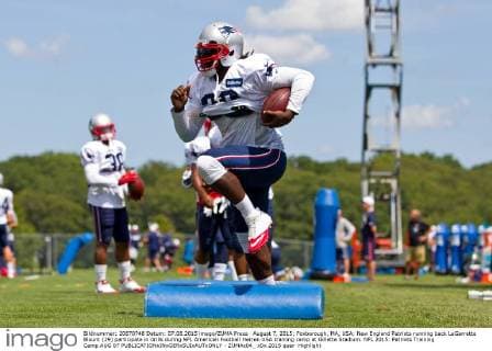 August 7, 2015; Foxborough, MA, USA: New England Patriots running back LeGarrette Blount (29) participate in drills during NFL American Football Herren USA training camp at Gillette Stadium. NFL 2015: Patriots Training Camp AUG 07 - ZUMAc04_