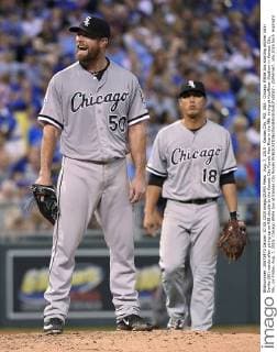 Aug. 7, 2015 - Kansas City, MO, USA - Chicago White Sox starting pitcher John Danks (50) reacts after giving up an RBI double to the Kansas City Royals Alex Rios in the fifth inning at Kauffman Stadium in Kansas City, Mo., on Friday, Aug. 7, 2015. Chicago White Sox at Kansas City Royals - ZUMAm67_