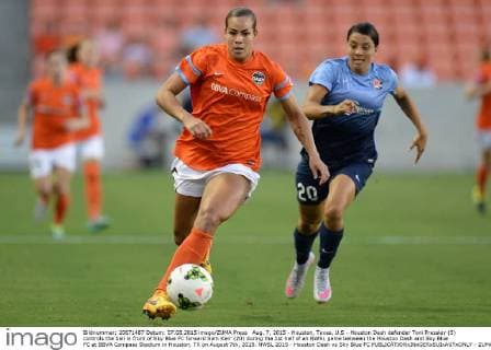 Aug. 7, 2015 - Houston, Texas, U.S - Houston Dash defender Toni Pressley (5) controls the ball in front of Sky Blue FC forward Sam Kerr (20) during the 1st half of an NWSL game between the Houston Dash and Sky Blue FC at BBVA Compass Stadium in Houston, TX on August 7th, 2015. NWSL 2015 - Houston Dash vs Sky Blue FC - ZUMAs127