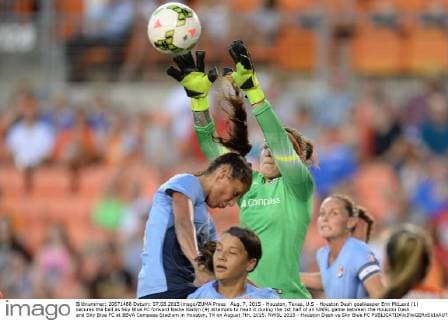 Aug. 7, 2015 - Houston, Texas, U.S - Houston Dash goalkeeper Erin McLeod (1) secures the ball as Sky Blue FC forward Nadia Nadim (9) attempts to head it during the 1st half of an NWSL game between the Houston Dash and Sky Blue FC at BBVA Compass Stadium in Houston, TX on August 7th, 2015. NWSL 2015 - Houston Dash vs Sky Blue FC - ZUMAs127