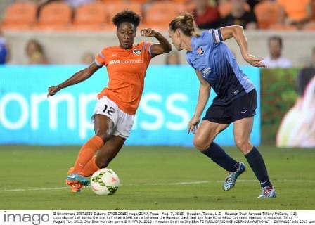 Aug. 7, 2015 - Houston, Texas, U.S - Houston Dash forward Tiffany McCarty (12) controls the ball during the 2nd half of an NWSL game between the Houston Dash and Sky Blue FC at BBVA Compass Stadium in Houston, TX on August 7th, 2015. Sky Blue won the game 2-0. NWSL 2015 - Houston Dash vs Sky Blue FC - ZUMAs127