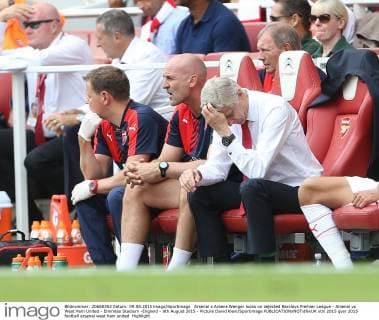 Arsenal s Arsene Wenger looks on dejected Barclays Premier League - Arsenal vs West Ham United - Emirates Stadium -England - 9th August 2015 - Picture David Klein Sportimage EDITORIAL USE ONLY. No use with unauthorised audio, video, data, fixture lists, club league logos or live services. Online in-match use limited to 120 images, no video emulation. No use in betting, games or single club league player publications.
