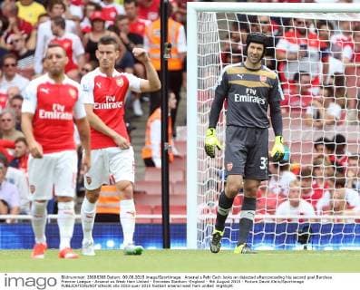 Arsenal s Petr Cech looks on dejected afterconceding his second goal Barclays Premier League - Arsenal vs West Ham United - Emirates Stadium -England - 9th August 2015 - Picture David Klein Sportimage EDITORIAL USE ONLY. No use with unauthorised audio, video, data, fixture lists, club league logos or live services. Online in-match use limited to 120 images, no video emulation. No use in betting, games or single club league player publications.