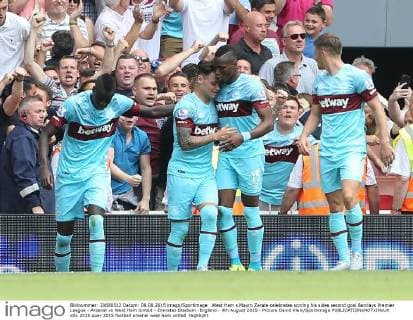 West Ham s Mauro Zarate celebrates scoring his sides second goal Barclays Premier League - Arsenal vs West Ham United - Emirates Stadium -England - 9th August 2015 - Picture David Klein Sportimage EDITORIAL USE ONLY. No use with unauthorised audio, video, data, fixture lists, club league logos or live services. Online in-match use limited to 120 images, no video emulation. No use in betting, games or single club league player publications.