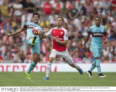 09.08.2015. London, England. Barclays Premier League. Arsenal versus West Ham. West Ham United s James Tomkins challenges Arsenal s Aaron Ramsey for the ball. xNigelxCookex  ActionPlus11648084