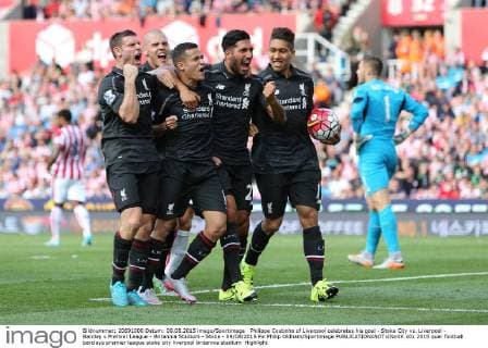 Philippe Coutinho of Liverpool celebrates his goal - Stoke City vs. Liverpool - Barclay s Premier League - Britannia Stadium - Stoke - 09 08 2015 Pic Philip Oldham Sportimage EDITORIAL USE ONLY. No use with unauthorised audio, video, data, fixture lists, club league logos or live services. Online in-match use limited to 120 images, no video emulation. No use in betting, games or single club league player publications.