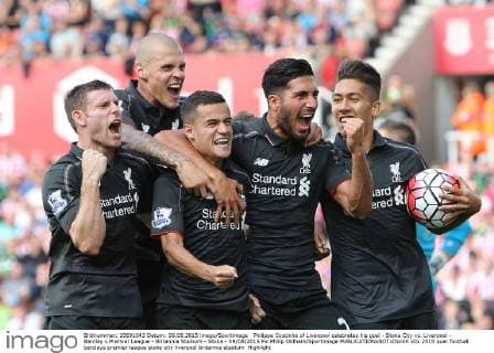 Philippe Coutinho of Liverpool celebrates his goal - Stoke City vs. Liverpool - Barclay s Premier League - Britannia Stadium - Stoke - 09 08 2015 Pic Philip Oldham Sportimage EDITORIAL USE ONLY. No use with unauthorised audio, video, data, fixture lists, club league logos or live services. Online in-match use limited to 120 images, no video emulation. No use in betting, games or single club league player publications.