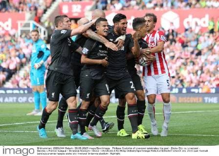 Philippe Coutinho of Liverpool celebrates his goal - Stoke City vs. Liverpool - Barclay s Premier League - Britannia Stadium - Stoke - 09 08 2015 Pic Philip Oldham Sportimage EDITORIAL USE ONLY. No use with unauthorised audio, video, data, fixture lists, club league logos or live services. Online in-match use limited to 120 images, no video emulation. No use in betting, games or single club league player publications.