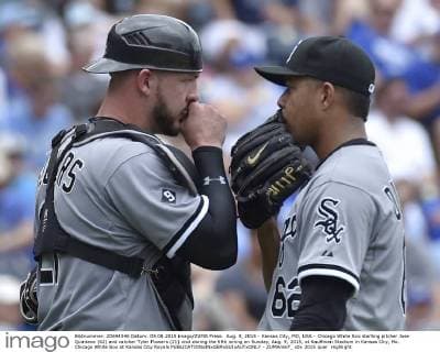 Aug. 9, 2015 - Kansas City, MO, USA - Chicago White Sox starting pitcher Jose Quintana (62) and catcher Tyler Flowers (21) visit during the fifth inning on Sunday, Aug. 9, 2015, at Kauffman Stadium in Kansas City, Mo. Chicago White Sox at Kansas City Royals - ZUMAm67_