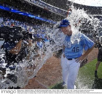 Aug. 9, 2015 - Kansas City, MO, USA - Kansas City Royals relief pitcher Ryan Madson (46) receives the Salvador Perez drenching after closing out the ninth inning for a 5-4 win over the Chicago White Sox and the three-game sweep on Sunday, Aug. 9, 2015, at Kauffman Stadium in Kansas City, Mo. Chicago White Sox at Kansas City Royals - ZUMAm67_
