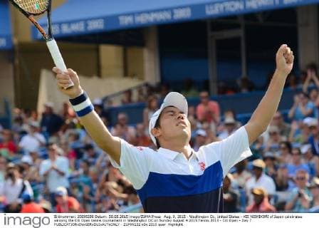 Aug. 9, 2015 - Washington Dc, United States - KEI NISHIKORI of Japan celebrates winning the Citi Open tennis tournament in Washington DC on Sunday August 9 2015 Tennis 2015 - Citi Open - Day 7 - ZUMAl132