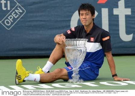 Aug. 9, 2015 - Washington Dc, United States - KEI NISHIKORI of Japan poses with his trophy after wnning the Citi Open tennis tournament in Washington DC on Sunday August 9 2015 Tennis 2015 - Citi Open - Day 7 - ZUMAl132