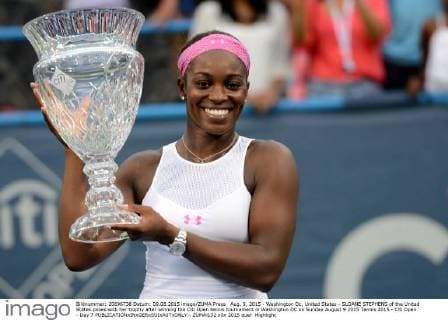 Aug. 9, 2015 - Washington Dc, United States - SLOANE STEPHENS of the United States poses with her trophy after winning the Citi Open tennis tournament in Washington DC on Sunday August 9 2015 Tennis 2015 - Citi Open - Day 7 - ZUMAl132
