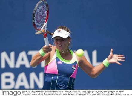 (150810) -- TORONTO, - Anna Tatishvili of the United States returns the ball against Mona Barthel of Germany during the second round of women s singles qualifying match at the 2015 Rogers Cup in Toronto, Canada, August 9, 2015. Anna Tatishvili won 2-0. ) (SP)CANADA-TORONTO-TENNIS-ROGERS CUP-WOMEN S SINGLES-QUALIFYING ZouxZheng 