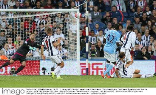 Yaya Toure of Manchester City scores his and City s second goal - English Premier League - WBA v Manchester City - The Hawthorns Stadium - West Bromwich - England - 10th August 2015 - Picture Simon Bellis Sportimage EDITORIAL USE ONLY. No use with unauthorised audio, video, data, fixture lists, club league logos or live services. Online in-match use limited to 120 images, no video emulation. No use in betting, games or single club league player publications.