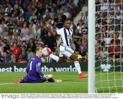 Saido Berahino of West Bromwich Albion scores past Joe Hart of Manchester City only for the goal to be disallowed for offside - English Premier League - WBA v Manchester City - The Hawthorns Stadium - West Bromwich - England - 10th August 2015 - Picture Simon Bellis Sportimage EDITORIAL USE ONLY. No use with unauthorised audio, video, data, fixture lists, club league logos or live services. Online in-match use limited to 120 images, no video emulation. No use in betting, games or single club league player publications.