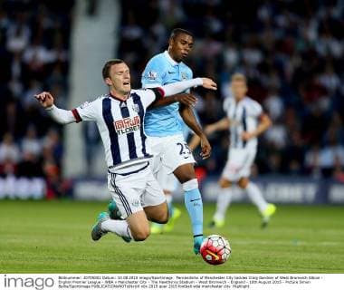 Fernandinho of Manchester City tackles Craig Gardner of West Bromwich Albion - English Premier League - WBA v Manchester City - The Hawthorns Stadium - West Bromwich - England - 10th August 2015 - Picture Simon Bellis Sportimage EDITORIAL USE ONLY. No use with unauthorised audio, video, data, fixture lists, club league logos or live services. Online in-match use limited to 120 images, no video emulation. No use in betting, games or single club league player publications.