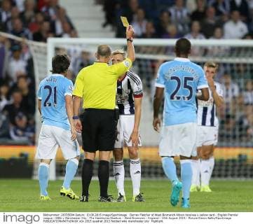 Darren Fletcher of West Bromwich Albion receives a yellow card - English Premier League - WBA v Manchester City - The Hawthorns Stadium - West Bromwich - England - 10th August 2015 - Picture Simon Bellis Sportimage EDITORIAL USE ONLY. No use with unauthorised audio, video, data, fixture lists, club league logos or live services. Online in-match use limited to 120 images, no video emulation. No use in betting, games or single club league player publications.