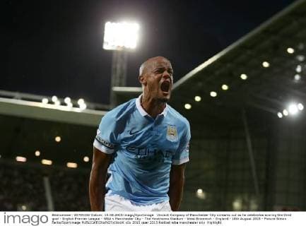 Vincent Kompany of Manchester City screams out as he celebrates scoring the third goal - English Premier League - WBA v Manchester City - The Hawthorns Stadium - West Bromwich - England - 10th August 2015 - Picture Simon Bellis Sportimage EDITORIAL USE ONLY. No use with unauthorised audio, video, data, fixture lists, club league logos or live services. Online in-match use limited to 120 images, no video emulation. No use in betting, games or single club league player publications.