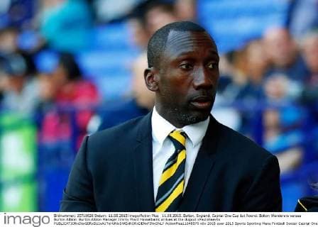11.08.2015. Bolton, England. Capital One Cup 1st Round. Bolton Wanderers versus Burton Albion. Burton Albion Manager Jimmy Floyd Hasselbaink arrives at the dugout xPaulxKeevilx  ActionPlus11648570