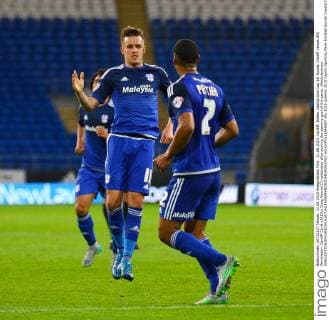 11.08.2015. Cardiff, Wales. Capital One Cup 1st Round. Cardiff versus AFC Wimbledon. Cardiff City& x2019;s Craig Noone(11) celebrates after scoring the opening goal of the game. xPaulxJenkinsx  ActionPlus11648597