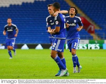 11.08.2015. Cardiff, Wales. Capital One Cup 1st Round. Cardiff versus AFC Wimbledon. Cardiff City& x2019;s Craig Noonecelebrates with Cardiff City& x2019;s Lee Peltier after scoring. xPaulxJenkinsx  ActionPlus11648598