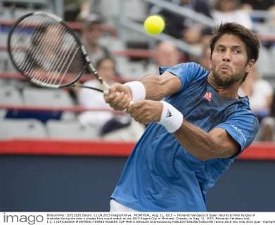 MONTREAL, Aug. 11, 2015 -- Fernando Verdasco of Spain returns to Nick Kyrgios of Australia during the men s singles first round match at the 2015 Rogers Cup in Montreal, Canada, on Aug. 11, 2015. Fernando Verdasco lost 1-2. ) (SP)CANADA-MONTREAL-TENNIS-ROGERS CUP-MEN S SINGLES AndrewxSoong 