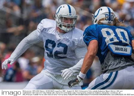 August 10, 2015: Indianapolis Colts outside linebacker Bjoern Werner (92) and Indianapolis Colts tight end Coby Fleener (80) during the Indianapolis Colts Training Camp practice at Anderson University in Anderson, IN. NFL American Football Herren USA AUG 10 Colts Training Camp Icon1508101282 EDITORIAL USE ONLY