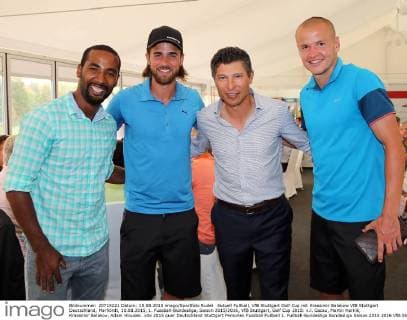Aktuell Fußball, VfB Stuttgart Golf Cup mit Krassimir Balakow VfB Stuttgart Deutschland, Marhördt, 10.08.2015, 1. Fussball-Bundesliga, Saison 2015 2016, VfB Stuttgart, Golf Cup 2015: v.l. Cacau, Martin Harnik, Krassimir Balakov, Adam Hlousek.