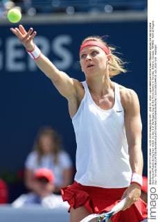 AUG 12, 2015: Lucie Safarova of the Czech Republic serves the ball to Daria Gavrilova of Russia during their match on day 3 of the Rogers Cup at the Aviva Centre in Toronto, Ontario, Canada. TENNIS: AUG 12 Rogers Cup - Toronto Icon15081244031 EDITORIAL USE ONLY