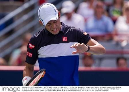 AUG 12, 2015 : Kei Nishikori of Japan reacts during his match against Pablo Andujar of Spain in the second round of the Rogers Cup presented by National Bank at the Uniprix Stadium in Montreal, Quebec, Canada. TENNIS: AUG 12 Rogers Cup - Montreal Icon15081215 EDITORIAL USE ONLY