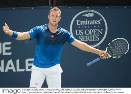 August 12 2015: Jack Sock (USA) plays against Grigor Dimitrov (BUL) in the first round of tennis as part of the Rogers Cup at the Uniprix Stadium in Montreal Quebec, Canada. Sock defeated Dimitrov 5-7, 7-6 5 , 7-5. TENNIS: AUG 12 Rogers Cup - Montreal Icon1508121145758 EDITORIAL USE ONLY