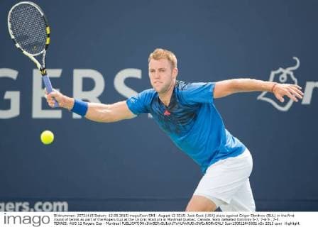 August 12 2015: Jack Sock (USA) plays against Grigor Dimitrov (BUL) in the first round of tennis as part of the Rogers Cup at the Uniprix Stadium in Montreal Quebec, Canada. Sock defeated Dimitrov 5-7, 7-6 5 , 7-5. TENNIS: AUG 12 Rogers Cup - Montreal Icon150812445681 EDITORIAL USE ONLY