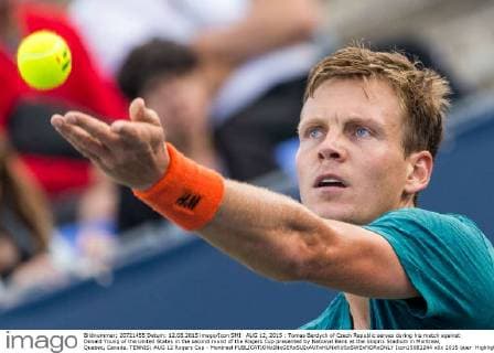 AUG 12, 2015 : Tomas Berdych of Czech Republic serves during his match against Donald Young of the United States in the second round of the Rogers Cup presented by National Bank at the Uniprix Stadium in Montreal, Quebec, Canada. TENNIS: AUG 12 Rogers Cup - Montreal Icon15081244 EDITORIAL USE ONLY