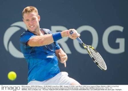 August 12 2015: Jack Sock (USA) plays against Grigor Dimitrov (BUL) in the first round of tennis as part of the Rogers Cup at the Uniprix Stadium in Montreal Quebec, Canada. Sock defeated Dimitrov 5-7, 7-6 5 , 7-5. TENNIS: AUG 12 Rogers Cup - Montreal Icon1508121845835 EDITORIAL USE ONLY