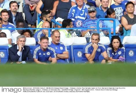 Chelsea s doctor Eva Carneiro looks on from the bench besides Jose Mourinho Barclays Premier League - Chelsea vs Swansea City - Stamford Bridge -England - 8th August 2015 - Picture David Klein Sportimage EDITORIAL USE ONLY. No use with unauthorised audio, video, data, fixture lists, club league logos or live services. Online in-match use limited to 120 images, no video emulation. No use in betting, games or single club league player publications.