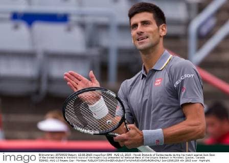 AUG 13, 2015 : Novak Djokovic of Serbia reacts during his match against Jack Sock of the United States in the third round of the Rogers Cup presented by National Bank at the Uniprix Stadium in Montreal, Quebec, Canada. TENNIS: AUG 13 Rogers Cup - Montreal Icon15081309 EDITORIAL USE ONLY